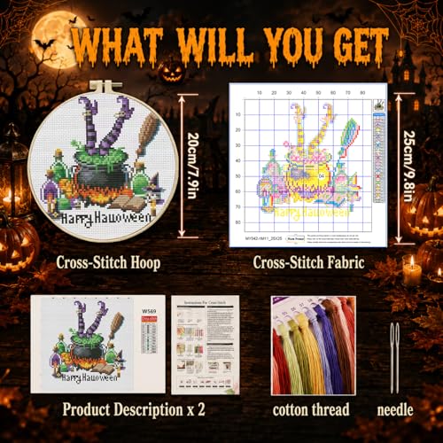 Image of Halloween Stamped Cross Stitch Kits for Adults Beginners with Hoop Frame