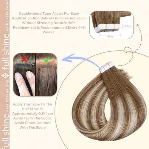 Image of Full Shine Hair Extensions Tape in, Brown Caramel Blonde Ombre 14 Inch | 50g 20PCS, Seamless Skin Weft Tape in Extensions Human Hair, Invisible Straight Finish Soft Texture Smooth Daily Wear