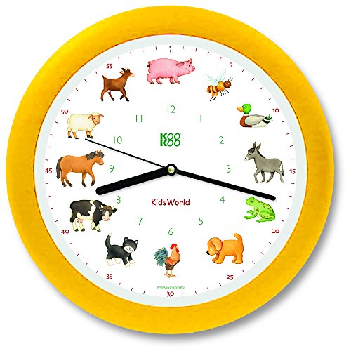 KOOKOO KidsWorld Jaune, Pendule avec enregistrements natureles, 12 Animaux de la Ferme, Illustrations Monika Neubacher-Fesser, capteur de lumière