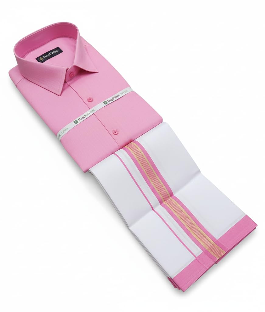 Rose Vesti Shirt Set for Men Combo – Cotton Dhoti and Shirt for Men | Baby Pink/Light Rose Shirt with White Vesti | South Indian Combo-picture-38