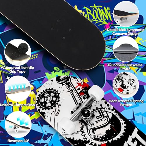 Image of Skateboards for Beginners Adults Youths Teens Kids Girls Boys 31 Inch Pro Complete Skate Boards 7 Layer Canadian Maple Double Kick Concave Longboards
