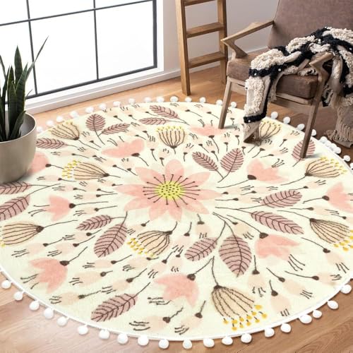Image of Uphome Round Rugs for Bedroom 4' Circle Cute Area Rug with Pom Poms Fringe Floral Plant Washable Throw Rugs Non-Slip Soft Floor Mats for Entryway Laundry Living Room Kids Room Nursery, Pink