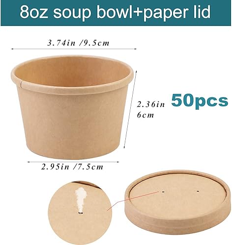 Miniatura 9 de Wuadua Paquete de 75 recipientes de papel para sopa de 8 onzas con tapas, vasos de comida Kraft desechables, tazas de sopa, tazas de helado de