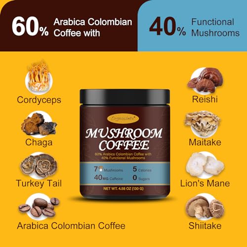 Orgnisulmte Premium Mushroom Coffee 4.58 Oz, Fresh Ground Colombian Instant Coffee with 7 Superfood Mushrooms Better Taste, Natural Ingredients Gluten Free, Vegan, Keto, Non-Gmo 130g - Image 5