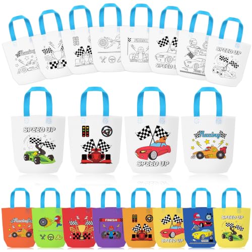 Image of Race Car Coloring Goodies Bags for Kids-24Pcs Racing Themed Bulk Color Your Own Gift Bags with Handle Reusable Non-Woven DIY Coloring Tote Bags for Summer Holiday DIY Activity Birthday Party Supplies