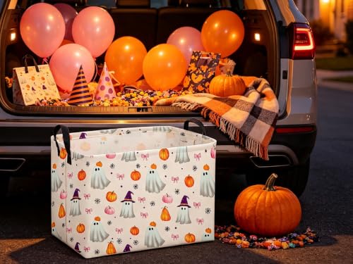 Image of Sanjiaofeng Rectangular Pink Halloween Ghost Storage Basket,Trick or Treat Halloween Basket,Halloweens Party Candy Gift Baskets(Pink Pumpkin)