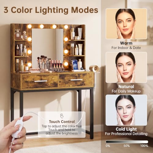 Image of YESHOMY 31.5'' Small Vanity Desk with LED Mirror and Lights, Rustic Brown