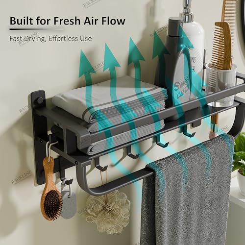 Image of Backline Aluminium Towel Rack for Bathroom | Corrosion Resistant, Anti-Peel and Scratch Resistant | Towel Holder in Bathroom with Shelf for Shampoo & Face Wash |Towel Rod with Hooks(3 Years Warrenty)