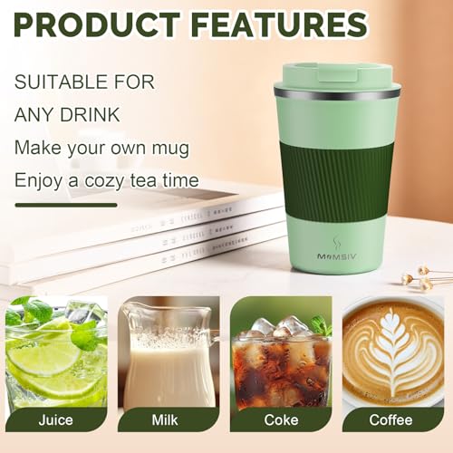 Image of MOMSIV 12oz Travel Mug, Insulated Coffee Cup with Leakproof Lid, Vacuum Stainless Steel Double Walled Reusable Tumbler for Hot and Cold Water Coffee and Tea In Travel and Car (Green-380ml)