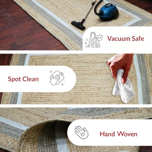Image of voyzz home 5X8 Feet-Rectangular, Premium Natural Jute High Traffic Braided Area Rug, Stain Resistance, Handmade Rug for Entryways,Living Room,Dining Room,Bedroom,Farmhouse (Natural & Grey & Ivory)