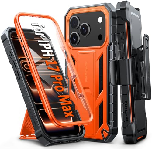 FNTCASE for Phone 17 Pro-Max �P�[�X:�x���g�N���b�v�z���X�^�[&�L�b�N�X�^���h�t���~���^���[�O���[�h�̓d�b�J�o�[|���ȑϏՌ�TPU�ی�o���p�[�}�b�g�e�N�X�`���f�U�C��|�w�r�[�f���[�e�B�[�Z���v���e�N�^�[�I�����W