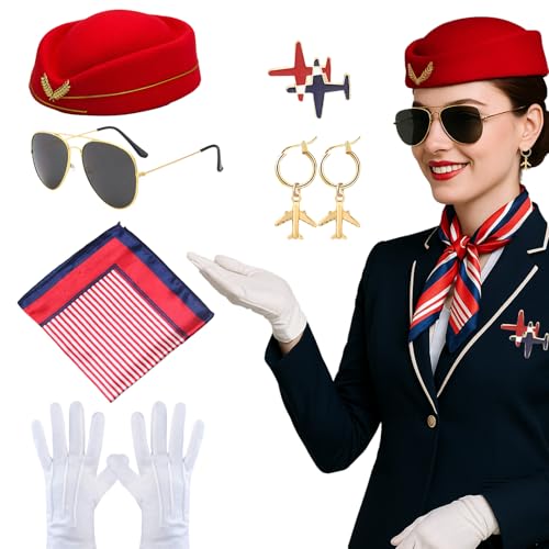 SSKHE Professionelles Flugbegleiter-Kostüm für Damen Stewardess-Thema Karnevalskostüm mit Hut Schal Handschuhen Brosche Halloween Cosplay Party Aktivitäten Verkleidung 4 Stück