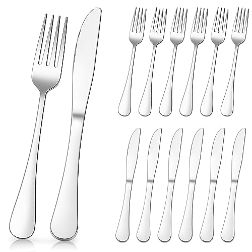 Herogo Steakbesteck 12-teilig, Edelstahl 6 Tafelmesser und 6 Tafelgabeln, Silber Steak Besteck Set für 6 Personen, Hochglanzpoliert Messer Gabeln Set...