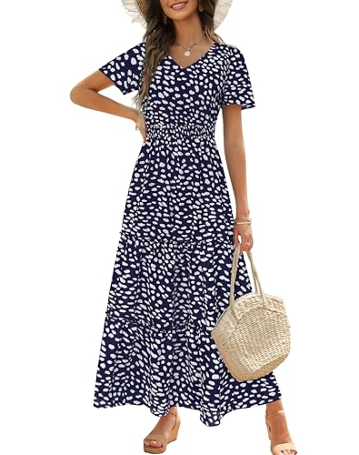 Image of Zattcas Womens 2026 Long Summer Dress Short Flutter Sleeve V Neck Casual Smocked Tiered Modest Floral Boho Maxi Dress