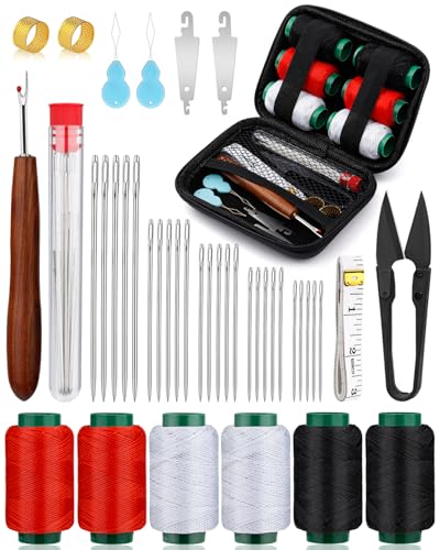 TLKKUE 40 Pcs Big Eye Steel Sewing Needles Kit, Steel Needles for Hand Sewing, Sewing Kit with Storage Bag Threads Thimbles Seam Rippers for Repair Clothing (Red/White/Black Thread)