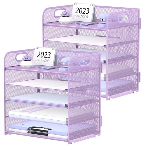 Image of 2 Pack 5-Tier Purple Desk Organizer with Handle Mesh Desk File /Paper Organizer Letter Tray for Office, School and Home Easy Installation Purple Office Supplies