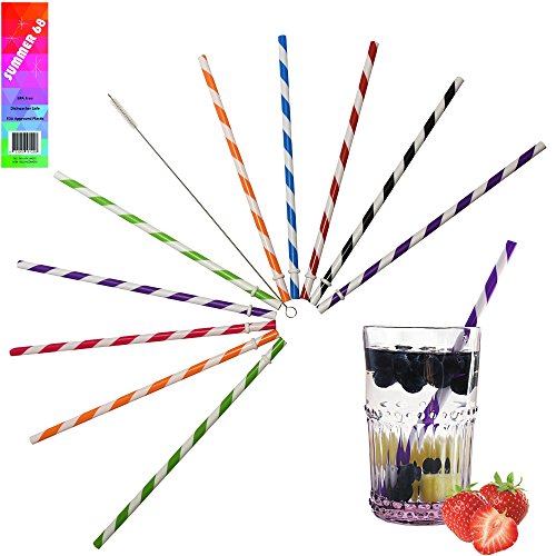 Summer 68 - Reusable Plastic BPA Free Striped Drinking Straws - Wide - Hard - 9 inch - Free Cleaning Brush - For Tumblers, Mason Jars, Cups - Set of Eight