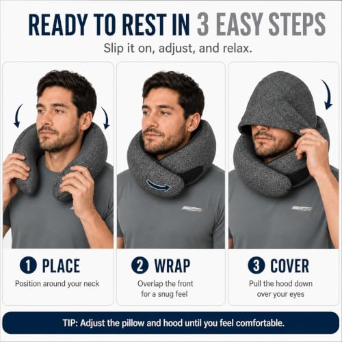 Oreiller de voyage avec capuche, oreiller d'avion en mousse à mémoire de forme amélioré pour dormir, soutien à 360°, oreiller de voyage en forme de U avec cache-yeux caché, accessoires de vol portables pour avion, voiture, bureau (noir) – Image 5