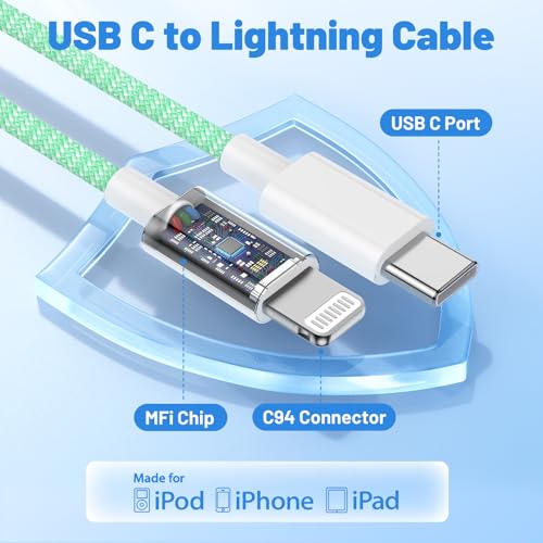Image of USB C to Lightning Cable 2Pack 6FT+10FT,[Apple MFi Certified] Nylon Braided iPhone Fast Charging Cable, Power Delivery Charging Cord for iPhone 14 13 12 11 Pro Max /XS /Max /XR /8 /7,Pad Air /Pro,Green