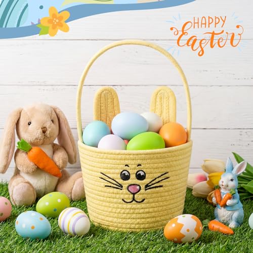 Image of Teenyyou Woven Easter Baskets Woven Bunny Baskets with Handles Eggs Hunt Bucket Rabbit Cotton Rope Basket Baby's First Easter Basket Gift for Toddler Boys Girls(Macaron Yellow)