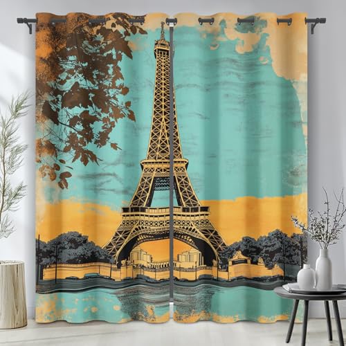 Vintage Eiffel Tower Curtains 45 Inches Long, Seine River Blackout Curtains for Bedroom Living Room Decor, France Paris Drapes Grommet Thermal Insulated 42Wx45L Inch 2 Panels Set UI&285