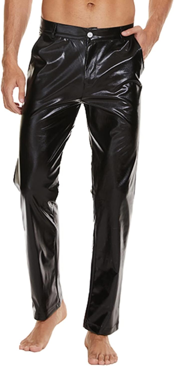 Mens Metallic Shiny Disco Pants, Wet Look Party Dance Straight Leg Trousers, 70s/80s Festival Rave Cosplay Leather Pants - Image 2