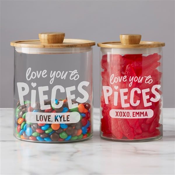 Personalization Universe Love You to Pieces Personalized Glass Container with Acacia Lid – 30oz Candy Jar, Ideal for Couples and Valentine's Day Gift, Adults and Kids