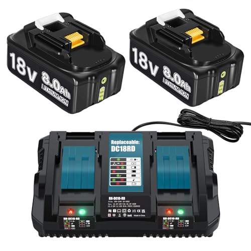 2X 18V 8.0Ah Ersatzakku BL1860B + Dual Port 6A DC18RD Ladegerät 18V Akku Kompatibel mit BL1860 BL1860B BL1850B BL1850 BL1840B BL1830B LXT-400