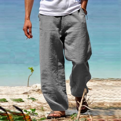 Mens Cotton Linen Pants Wide Leg Elastic Waist Casual Pants Comfy Loose Lightweight Trousers with Pockets2