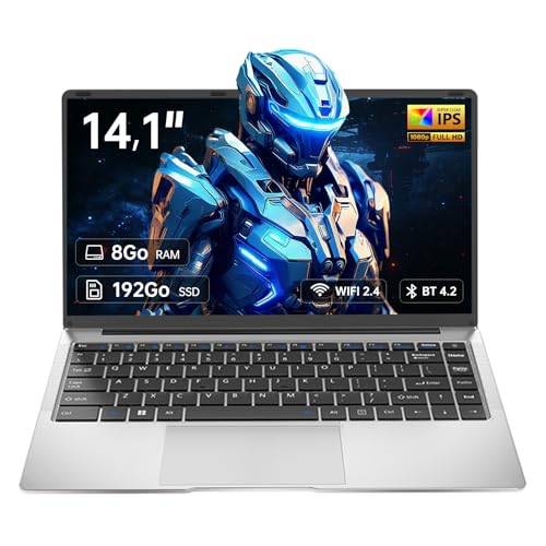 unbholkk Ordinateur Portable 14,1', 8 Go RAM, 192 Go SSD, Celeron N3450, PC Portable Étudiant FHD IPS avec Wi-FI 2.4, Mini-HDMI, Bluetooth 4.2 – Idéal pour La Maison, Les Études et Le Travail