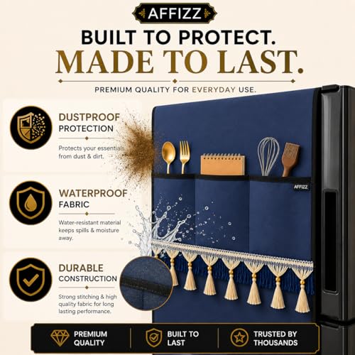 Image of Premium Single & Double Door Refrigerator Cover with Tassel Lace & 6 Side Pockets, Waterproof Dustproof Washable Polyester Fridge Cover, Fridge Top Protector for Kitchen, 130 x 54 cm, (Blue)