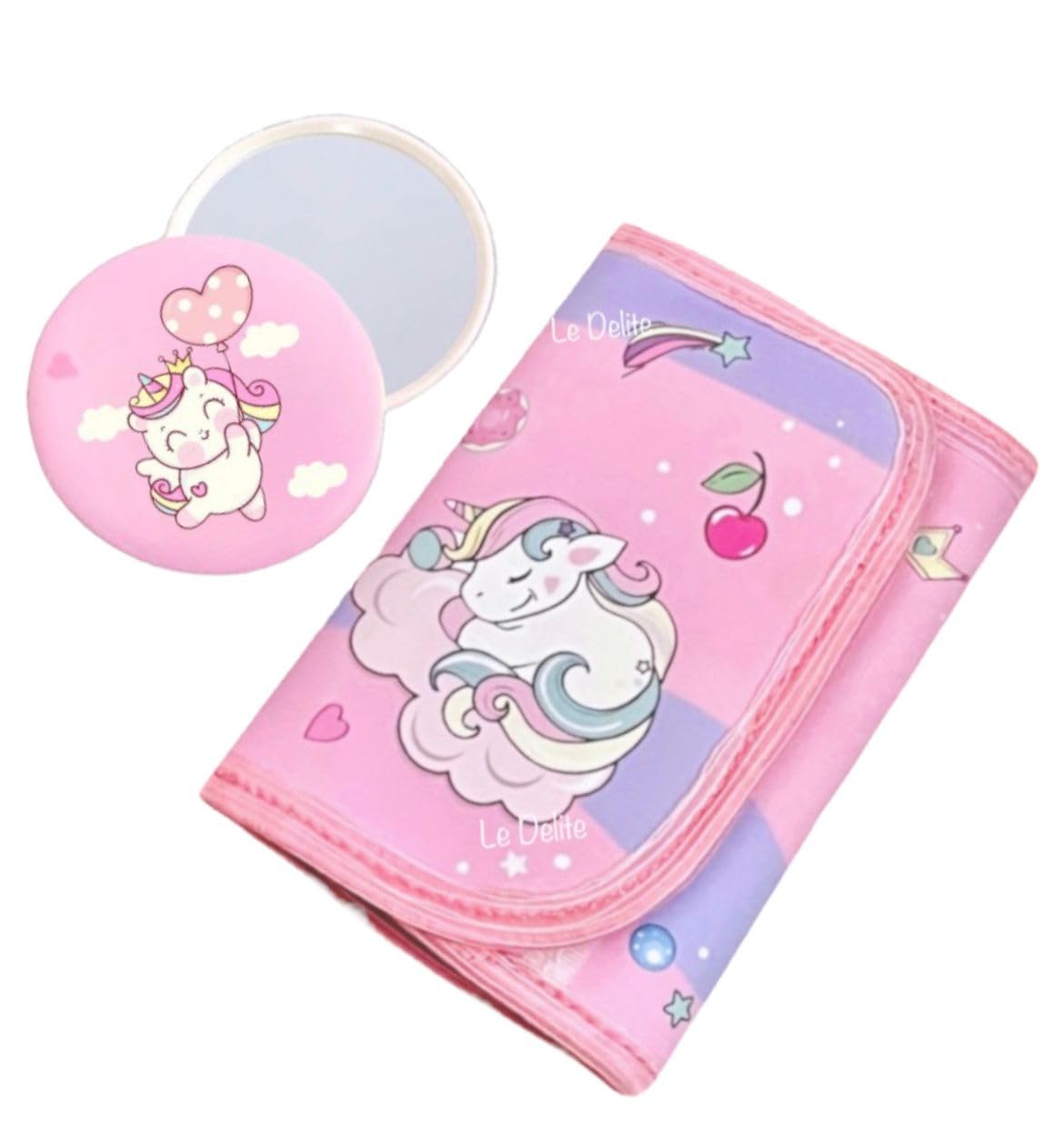 Unicorn Trifold Canvas Silicon Outdoor Cartoon Wallet for Kids/Slim Front Pocket Wallet Zipper with Pocket Travel Compact Mirror I Birthday Party Return Gifts for Kids (Pink)