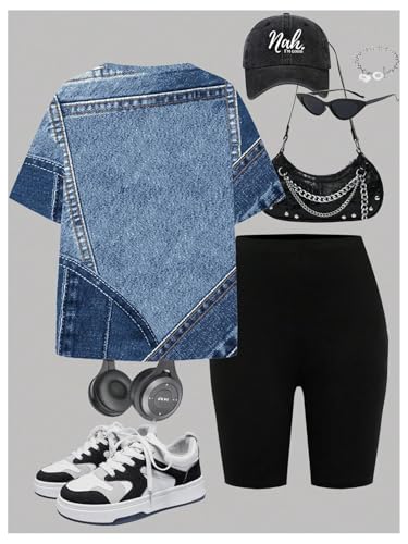 WDIRARA Conjunto de 2 peças com estampa de letras e shorts de motociclista de manga curta para menin