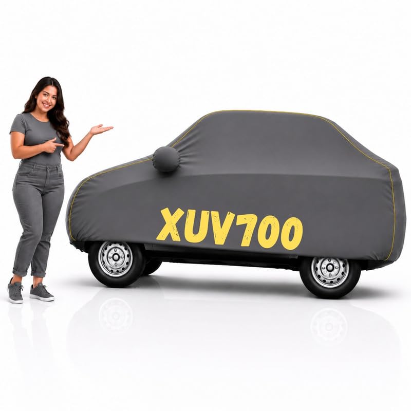 Image of Long-Life 100% Waterproof XUV700 Car Body Cover for Dust & Rain, Compatible with All Models of XUV700 Car Cover, Comes with Bird Droppings, Scratch, UV and Paint Protection - Grey
