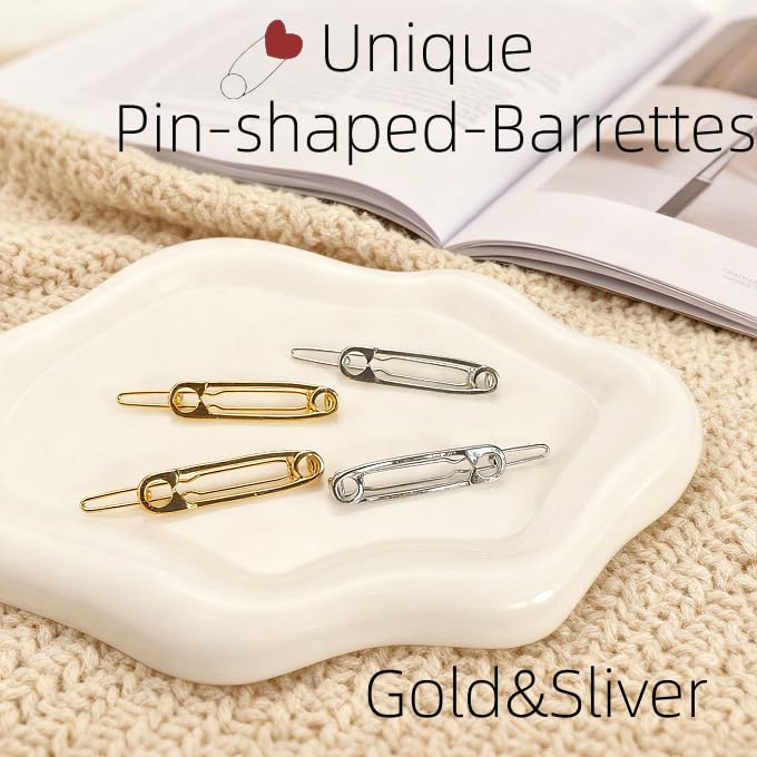 Unique Pin-Shaped Metal Hair Clips Set-Goth Safety Pin Barrettes for Bangs, Side Hair,4Pcs Silver&Gold Hairpins for Women| Trendy Minimalist Head Accessories for Daily Outfit&Special Gifts for Her