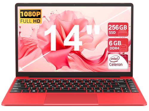 AOCWEI Laptops 14 Inch Win 11 Con 5G WiFi 6+256GB SSD Erweiterung 1TB, BT 4.2 1920 * 1080 FHD Mini Multimedia Anschluss, Notebook with Deutscher Keyboardfilm-Red