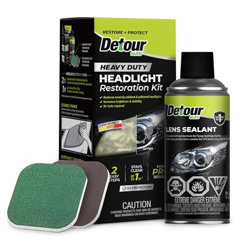 Detour Heavy Duty Headlight Restoration Kit - 2 Easy Steps to Professionally Restore Yellowed and Clouded Plastic Headlights, Long-Lasting UV Protection, No Tools Required