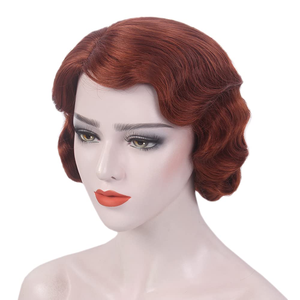 REEWES Short Vintage Synthetic Full Wigs 1920s Finger Wave Wig Short Curly Wig for Women Ladies Cosplay Flapper Fancy Dress Red - Image 3