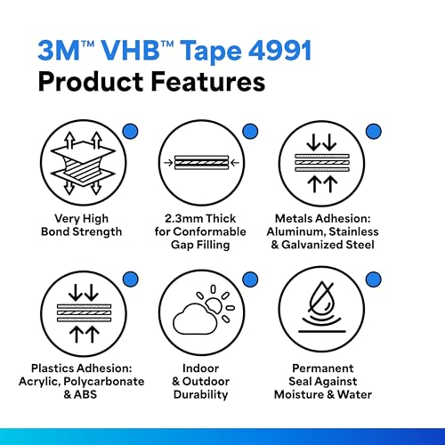 Image of 3M VHB Tape 4991 - (Pack of 25 Pcs.) 0.5 in. (W) x 1.25 in. (L) Tape Strip with UV Light Resistance. Adhesives and Sealants