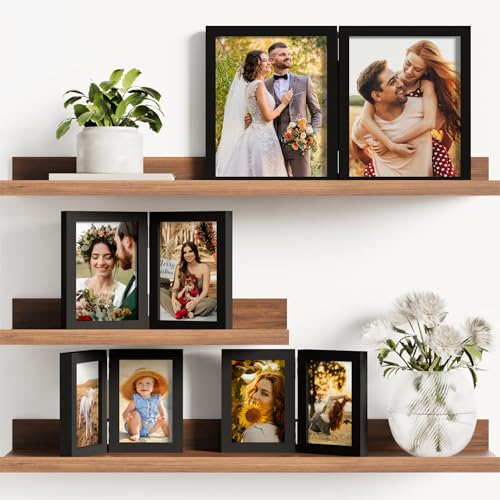 decorUhome Double 4x6 Picture Frame Vertical, Engineered Wood Bifold Photo Frame with Plexiglass for Tabletop Display, 4x6, Black