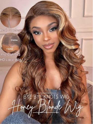 Image of Beauty Forever Bye Bye Knots Honey Blonde Highlight Glueless Wig Pre Plucked Pre Cut 3D Body Wave 7x5 Lace Front Wig Human Hair HD Lace Closure Wig Pre Bleached for Women 150% Density 24 Inch