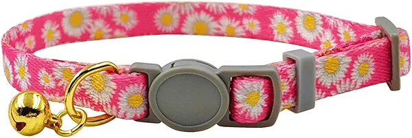 Olahibi Breakaway Cat Collar, Floral Pattern, Safe Release Buckle, Clear Bell, Polyester Material, for Adult Cats.(Pink Daisy)