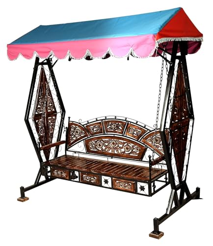 Image of 2 /3 Seater Mango Wood & Wrought Iron Swing Jhoola for Balcony Garden Jhula Outdoor /Indoor Hammock for Relaxation Elegant Intricate Design - Natural Brown & Black (Model /Sise - 4)