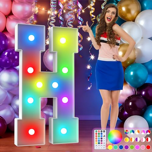 Image of 4FT Colorful Marquee Letters,18-Color Letter H with Remote Control Large Light Up Numbers Sign,Pre-Cut Foam Board Set for Party Decoration, Birthdays, Weddings, Graduations, Baby Anniversaries