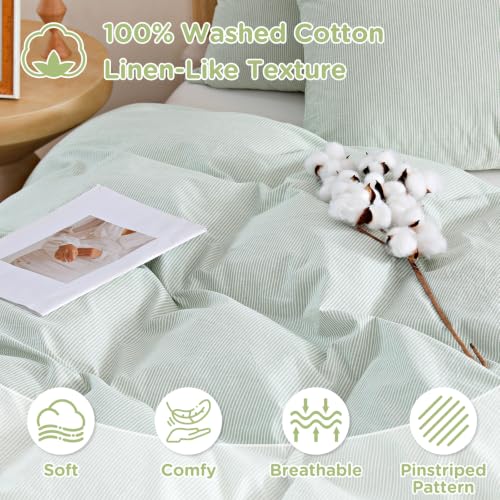 Image of TOCOMOA Sage Green Striped Duvet Cover Bedding Set 100% Washed Cotton Like Linen Feel Super Soft Comfy 3 Piece Pinstriped Comforter Cover Set (Queen 90 inchx90 inch, Comforter Not Included)