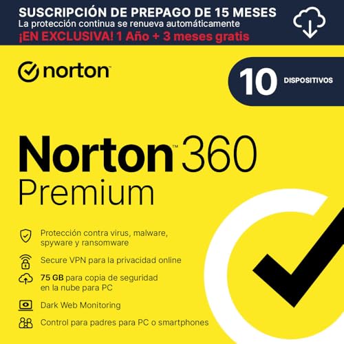 Norton 360 Premium 2025| Antivírus 10 Dispositivos| 15 meses con renovación automática| Descarga digital
