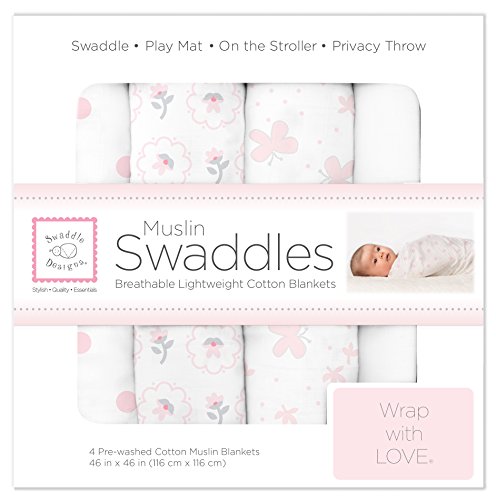 Image of SwaddleDesigns Cotton Muslin Swaddle Blankets, Set of 4, Receiving Blankets for Baby Boys & Girls, Best Shower Gift, 46x46 inches, Pastel Pink Butterflies and Posies