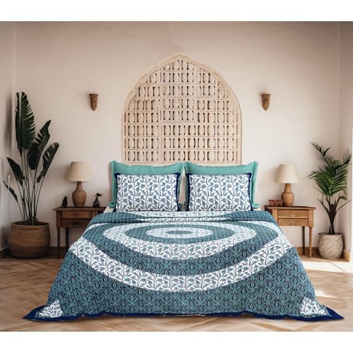 Image of 240 TC 100% Cotton Bedsheet for Double Bed King Size with 2 Pillow Covers | Breathable & Super Soft Rajasthani Sanganeri Jaipuri Printed Bed Sheet -108 * 108 Inches (Mandala Blues)