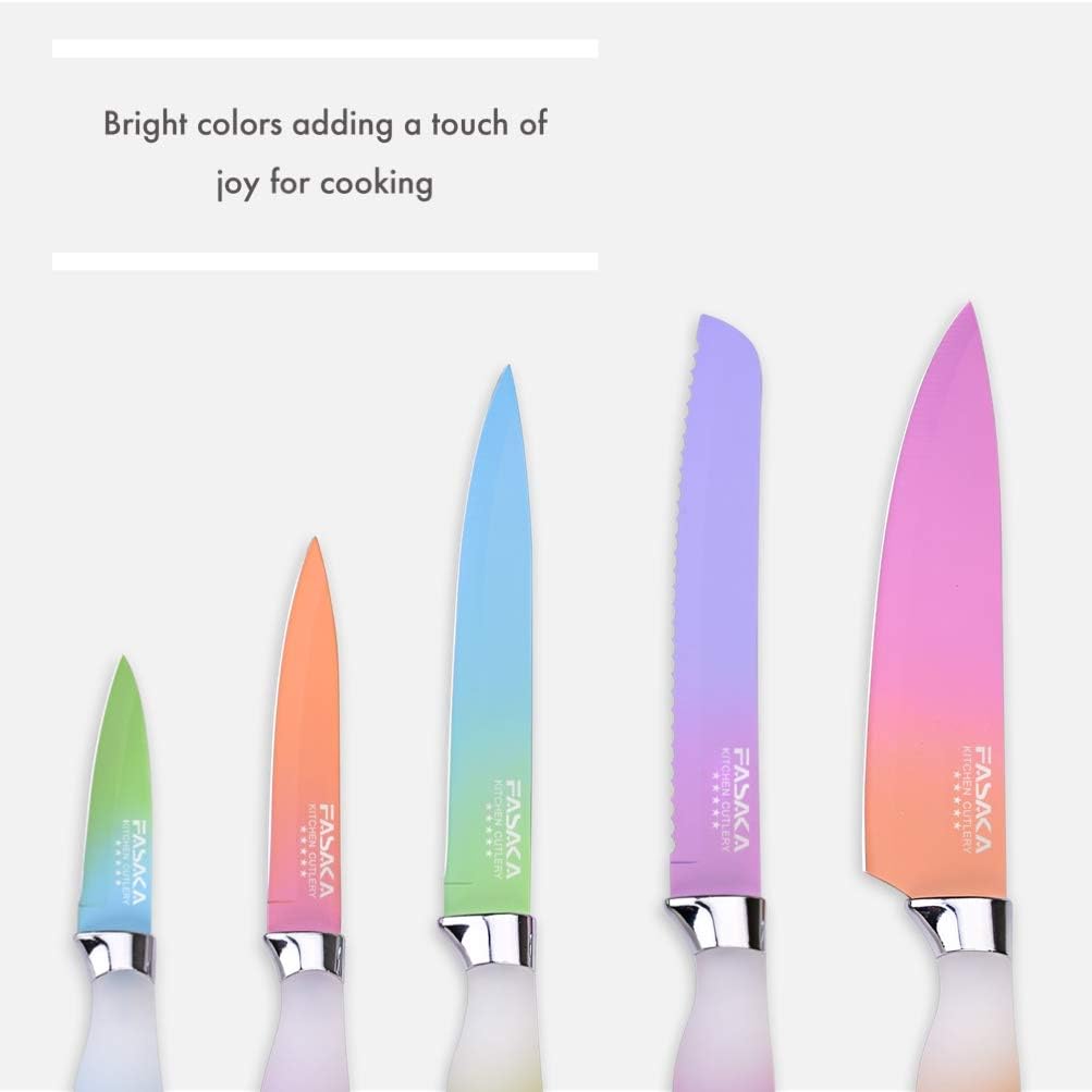 Hottest Sale FASAKA 6 Piece Colorful Knife Set - 5 Kitchen Knives with 1 Peeler - Non-Stick Stainless Steel Chef Knife Set - Rainbow Knives with Round PP Handle, Display with Gift Box Super Big Clearance! FASAKA 6 Piece Colorful Knife Set - 5 Kitchen Knives with 1 Peeler - Non-Stick Stainless Steel Chef Knife Set - Rainbow Knives with Round PP Handle, Display with Gift Box