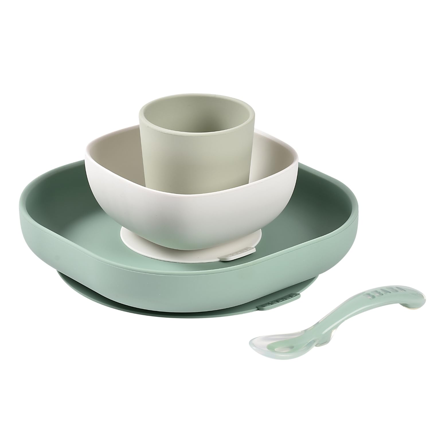 BÉABA, Baby-Essensset aus Silikongeschirr, Mit Saugnapf, Rutschfest, 4 Teile, Teller + Schüssel + Glas + Löffel, Gesundes und nachhaltiges Silikon, Spülmaschinenfest, Mikrowellengeeignet, Salbeigrün